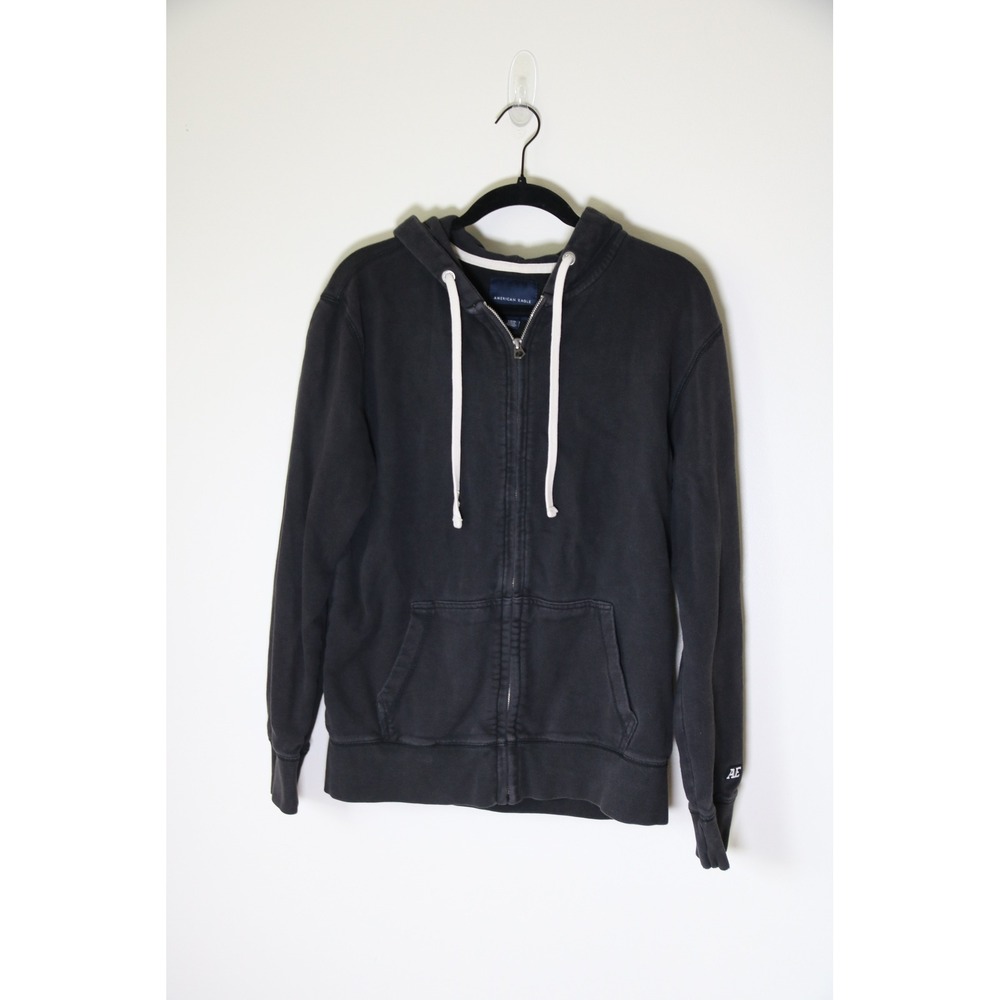 American Eagle Mens Small Black Full Zip Cotton Hoodie Sweatshirt Faded Wash